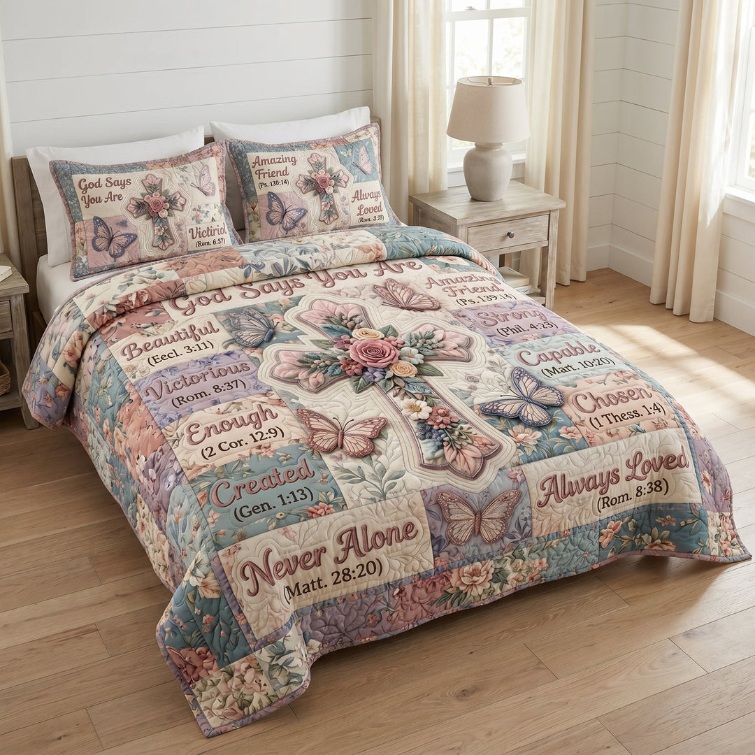フローラルデザイン 3点セット キルティングベッドカバー